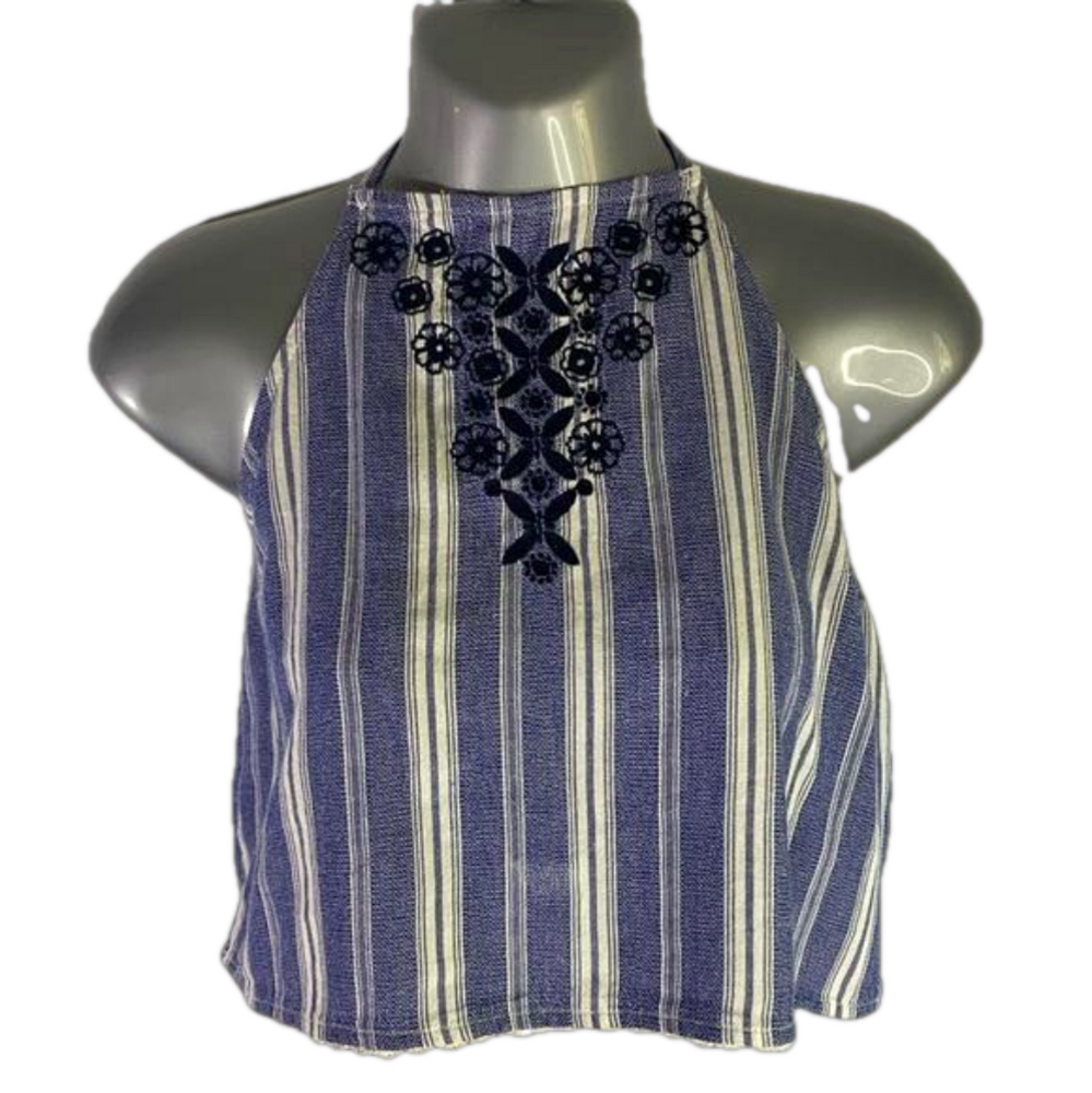 Hollister Blue White Stripes Dark Blue Embroidered Floral Halter Top SKU0688